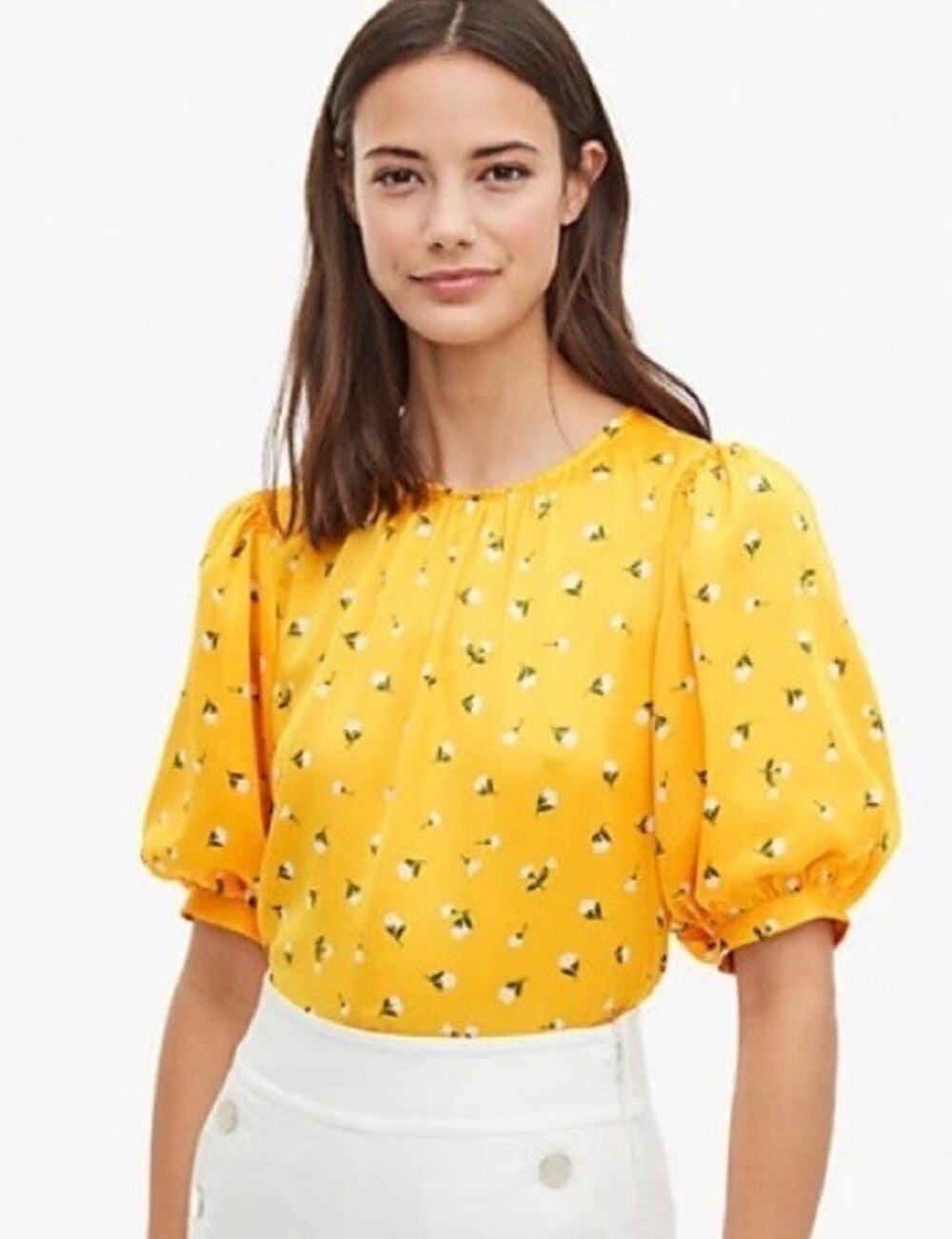 Kate Spade Puff Sleeve Yellow Ditsy Floral Blouse Top Size XS